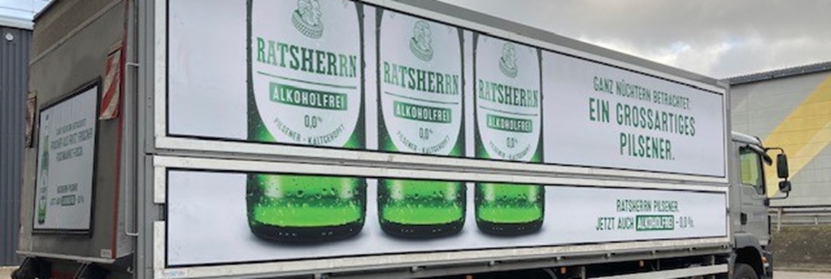 Flexsign hat neues Alcoholfrei Pilsener werbung auf LKW für Ratsherrn Brauerei gemacht